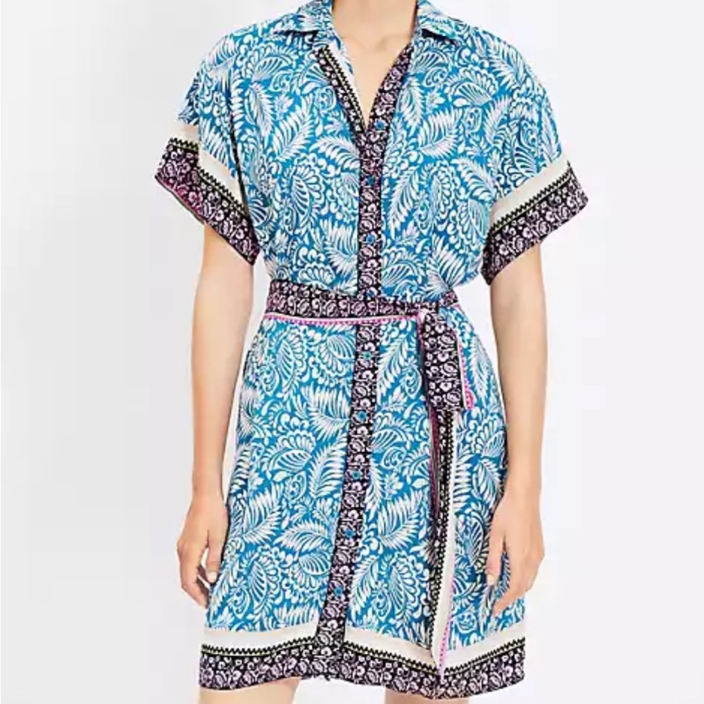 LOFT Blue and Pink Patterned Midi Dress